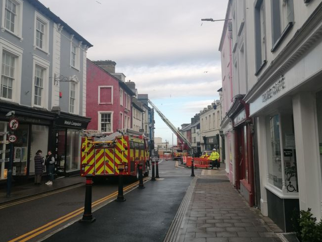 Picture of fire engines on Pier Street, Aberystwyth, after roads closed due to damage by Storm Eunice