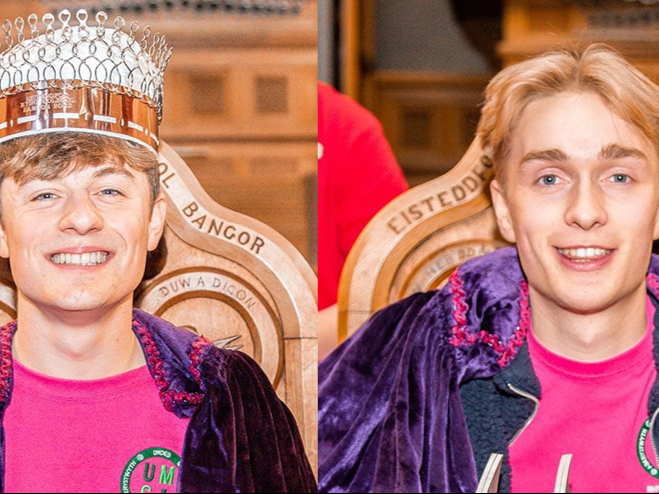 Aberystwyth University students Crown winner Twm Ebbsworth and Chair winner Tomos Lynch