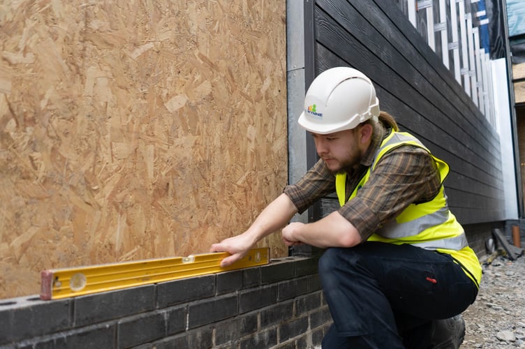 David Deeth, Level 3 NVQ bricklaying apprentice on site at Ysgol Uwchradd Aberteifi.  