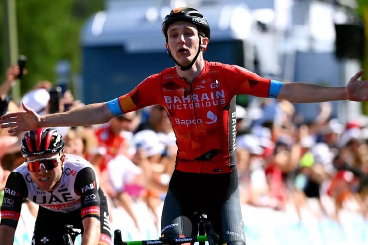 Steve Williams crosses the finish line following his well-timed sprint TeamBahrainVictorious WorldTour victory at stage one of the Tour de Suisse