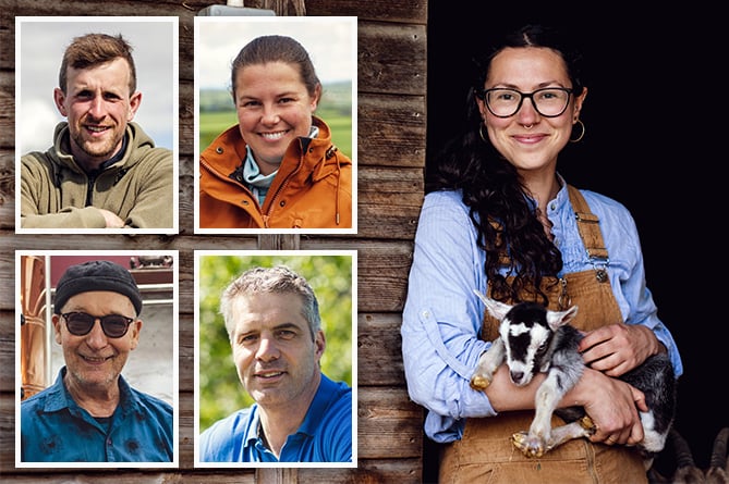 The five west Wales farmers chosen for the Farming Connect Management Exchange: main picture, Sophia Morgan-Swinhoe; then clockwise from top left, Ben James, Jamie McCoy, Marc Harries and John Savage-Onstwedder