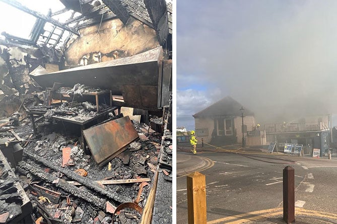 The charred remains of the restaurant; a plume of smoke rises from the Copper Quay