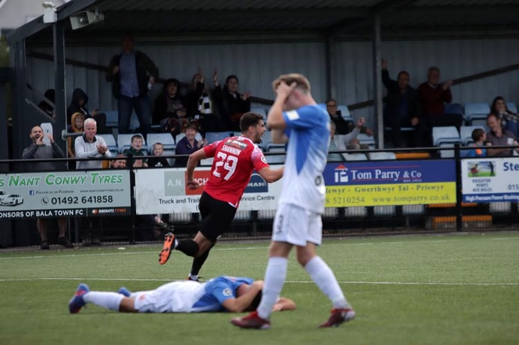 Ollie Shannon celebrates his late equaliser for Bala against Haverfordwest County 200822