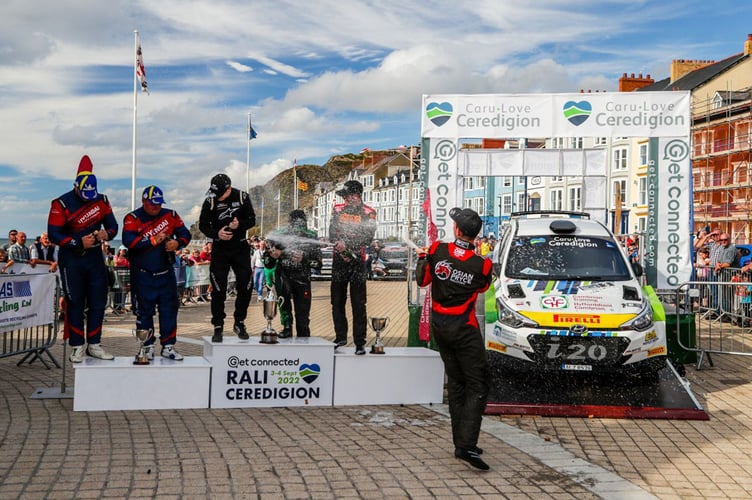 The podium on Aberystwyth Promenade, Rali Ceredigion 2022