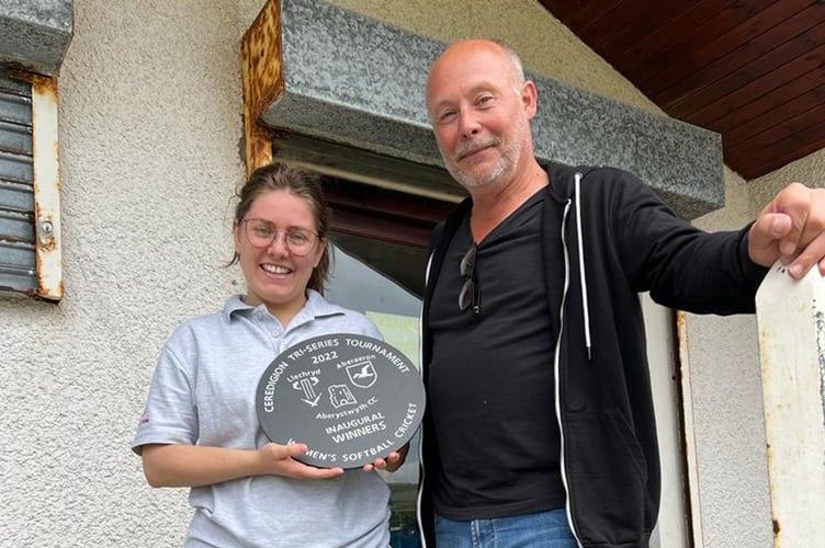 Aberaeron winning the tri-series with Aberystwyth Cricket Club’s chairman Nigel Salmon