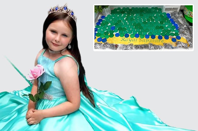 Junior Miss Royal Sapphire UK finalist Daisy Wilson, from Porthmadog, has collected over 1,000 ring-pulls and 200 milk bottle tops, as seen inset