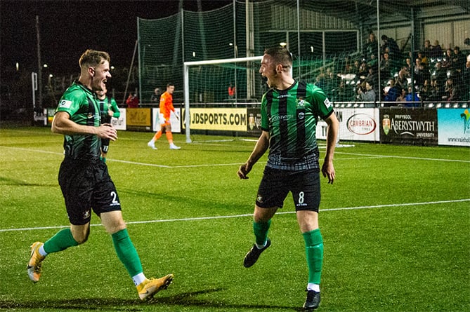 Jubilation for Iwan Lewis who opened the scoring for Aberystwyth Town against Airbus UK Broughton on 27 September 2022