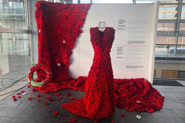 The gown of poppies on display at the Senedd