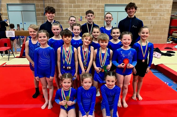Tha young gymnasts and coaches at the Welsh Gymnastics Tumble League, March 2023