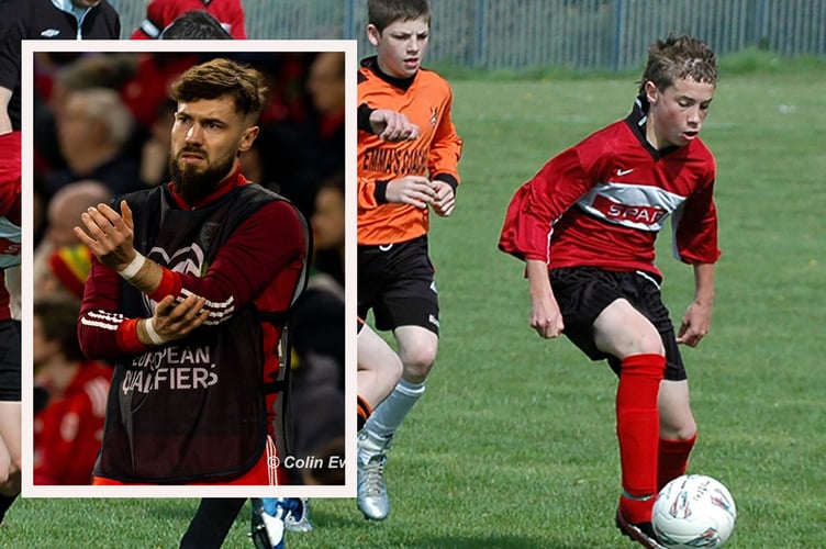 Tom Bradshaw on the ball for Tywyn U16s against Dolgellau. Inset: Tom was an unused sub at the Latvia game (pic Colin Ewart/pitchsideimages) 1.jpg