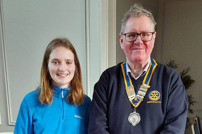 Eleanor Mathias, Lionel White Scholarship recipient, with Dr Hywel M Davies, Aberystwyth Rotary Club president