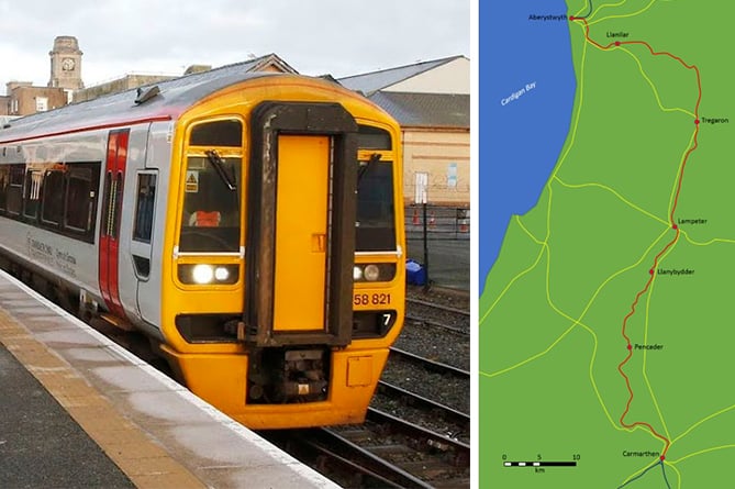 Aberystwyth to Carmarthen rail line route