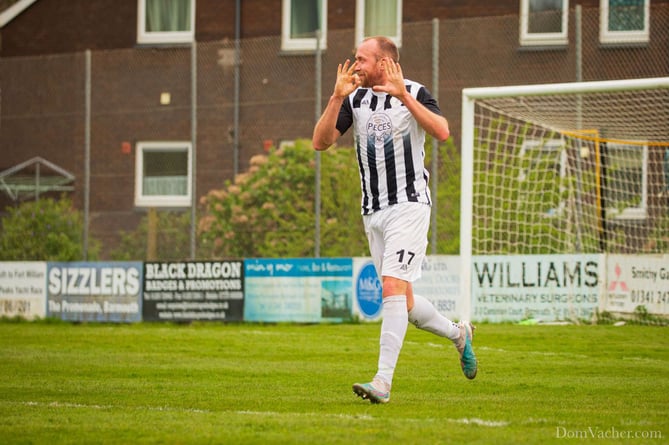 Barmouth hotshot Paul Lewis celebrates his 50th goal of the season