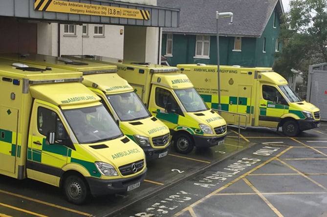 Ambulances outside Bronglais Hospital Aberystwyth Hywel Dda