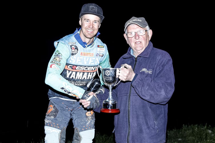 Harri Kellas is presented with the cup by Selwyn James Guthrie James Cup, Rhayader 2023