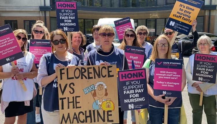 Nurses striking outside of Bronglais Hospital