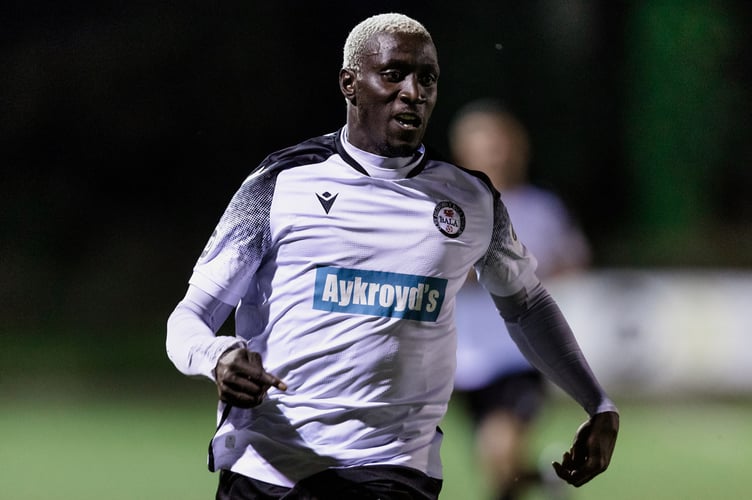 BALA, WALES - 04 NOVEMBER 2022:  Bala Town's Lassana Mendes during the JD Cymru Premier league fixture between Bala Town F.C & Aberystwyth Town F.C at the Maes Tegid Stadium 4th November, 2022, Bala, Wales. (Pic By John Smith/FAW)