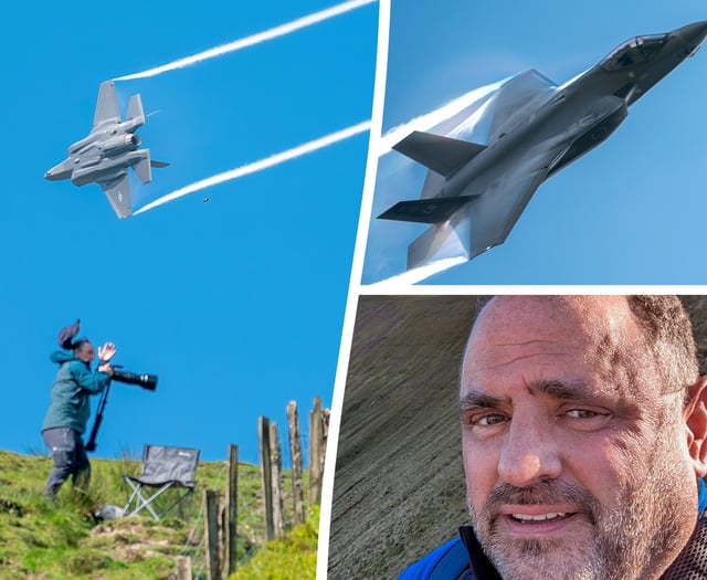 Plane spotter loses his hat as F-35 roars along the Mach Loop