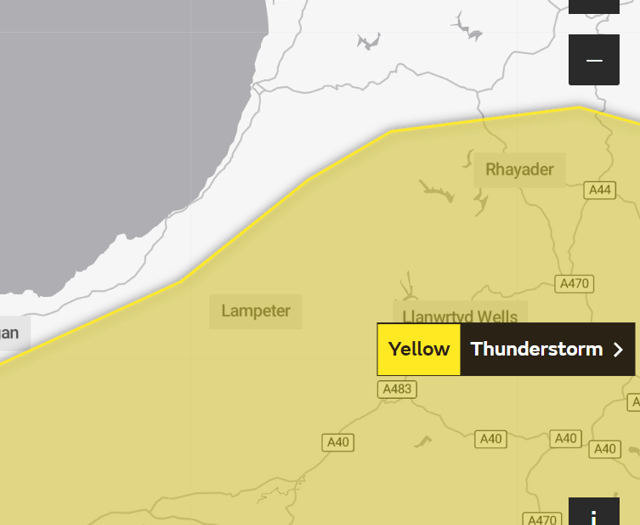 Thunderstorm warning issued for parts of Ceredigion and Powys