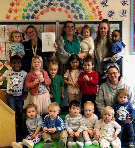 Staff and children at Meithrinfa Camau Bach in Aberystwyth