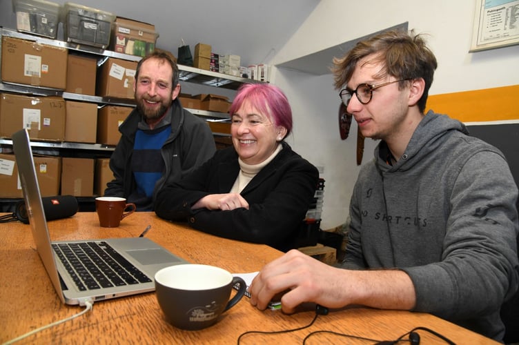 Liz Saville Roberts MP with Steff Huws and Larry Benoy at Poblado Coffi, Nantlle.