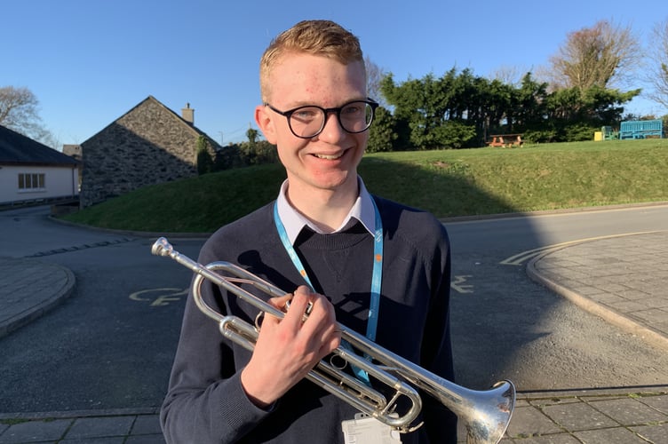 David Bisseker with his trumpet at Coleg Meirion-Dwyfor in Pwllheli