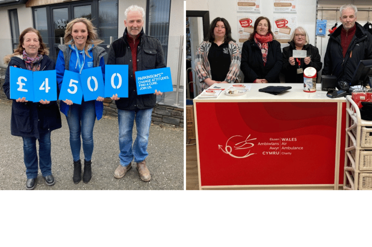 Elizabeth Jarvis and Richard Vaughan with Keri McKie from Parkinson's UK Cymru (left) and Jennie Rolfe and Louise Williams from Wales Air Ambulance (right)