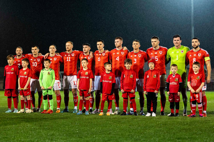 Llanelli, Wales - 19th March 2024: 
Cymru C lineup ahead of kick off.
Cymru v England C in an International Friendly at Stebonheath Park on the 19th March 2024. (Pic by Lewis Mitchell/FAW)