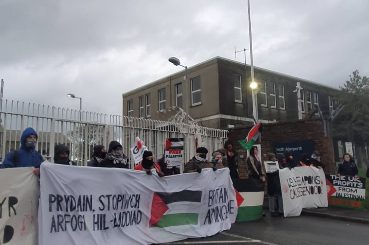 Protestors blockaded the entrances to Parc Aberporth from 7am this morning