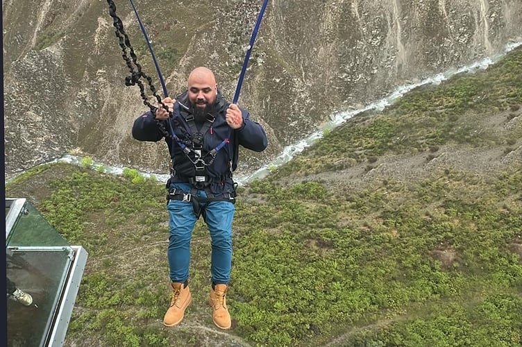 Fearless Chris “Flamebaster” Roberts takes flight on the world’s biggest swing. Photo: S4C