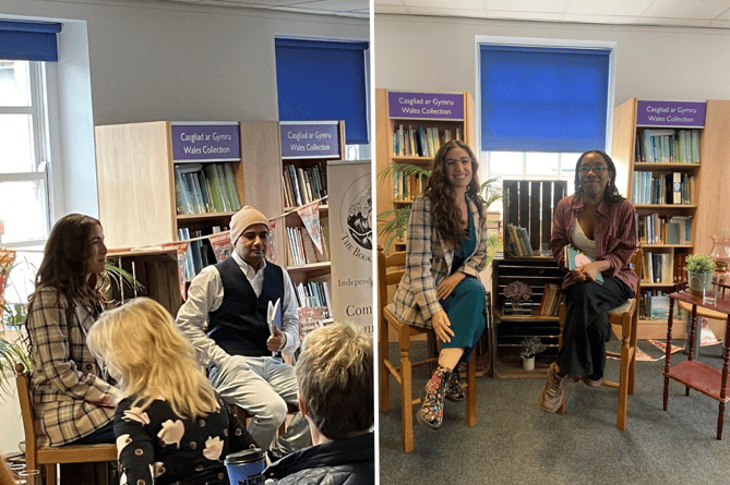 (Left) Freya Blyth and poet Taz Rahman who read from his debut collection, East of the Sun, West of the Moon (2024) at Aberystwyth Town Library and (right) Freya with poet Kandace Siobhan Walker and her 2023 collection, Cowboy