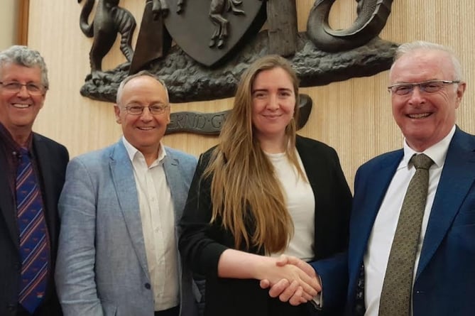 The youngest chair at Gwynedd Council is Cllr Beca Roberts, pictured with the new vice-chair, Cllr Ioan Thomas, council leader Cllr Dyfrig Siencyn and Cllr R Medwyn Hughes