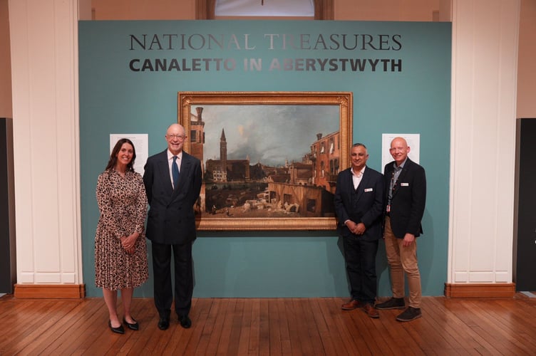 Alex Kavanagh, Head of National Touring Exhibitions at the National Gallery, National Gallery trustee James Lambert, Ashok Ahir, President of the library board and Dr. Rhodri Llwyd Morgan, National Library Chief Executive. Photo: National Library of Wales