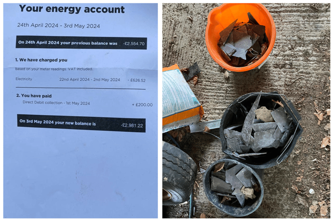 (left) Linda's breathtaking bill, (right) the buckets of slates which have fallen off her roof since the solar panel install