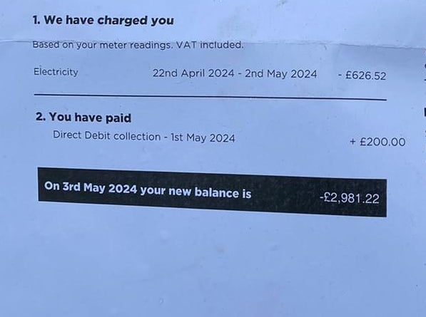 The electricity bill of a Powys woman with a botched air source heat pump install - 'the police will be round next thinking we've got a grow room'