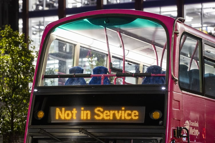 File photo dated 08/11/21 of a Translink Metro buses in parked in Belfast City centre. Northern Ireland Secretary Chris Heaton-Harris has been challenged over pay awards for public sector workers as another strike was bringing transport in the region to a standstill. Bus and rail services in Northern Ireland were being halted for a third day in just over a week on one of the busiest shopping days of the year, just before Christmas. Issue date: Friday December 22, 2023.