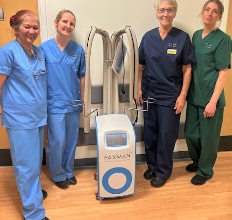 Pictured, left to right: Jennifer Hernandez, Staff Nurse; Meredith Jenkins, Acute Oncology Clinical Nurse Specialist; Sister Pauline Richmond, and Gemma Thomas, Health Care Support Worker, with the new scalp cooler at Prince Philip Hospital