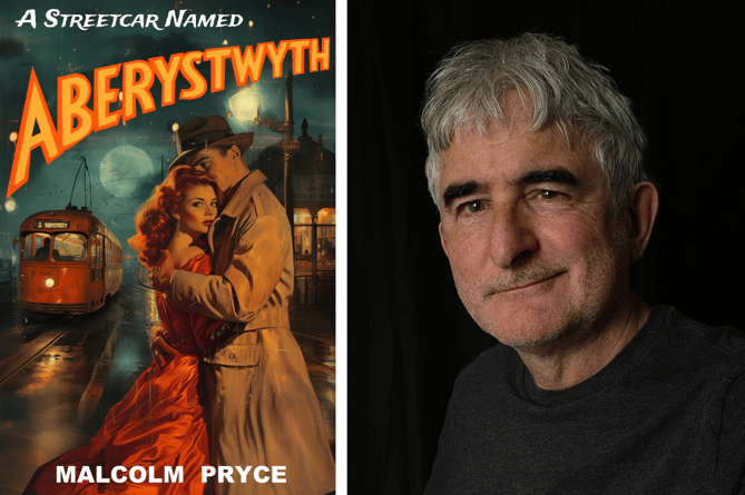 The cover of 'A Streetcar Named Aberystwyth' (left) and author Malcolm Pryce (right)