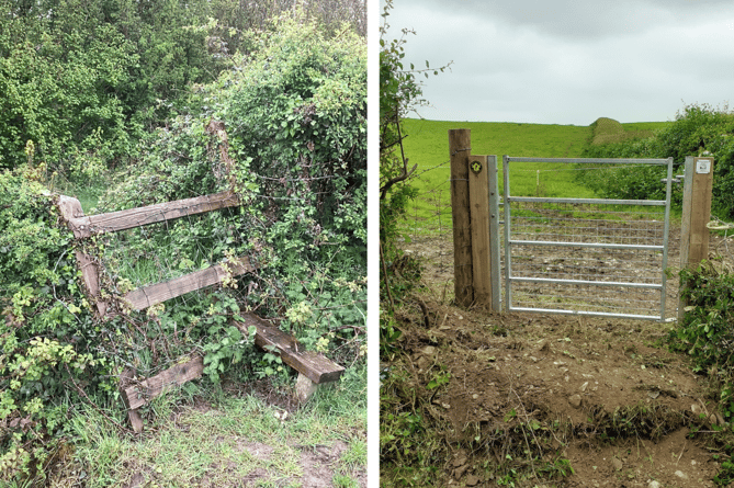 Before and after images at Llandre show where the group has replaced a stile with a gate by the A487