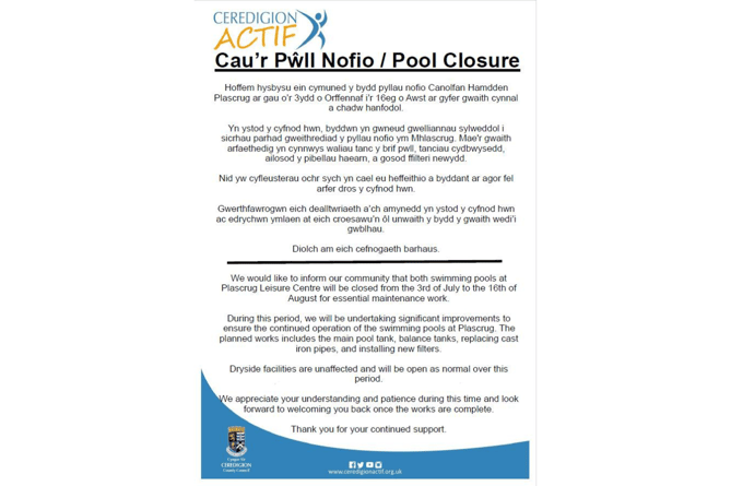 Plascrug Leisure Centre announced the closures on Facebook on Thursday, 20 June. Image: Plascrug Leisure Centre