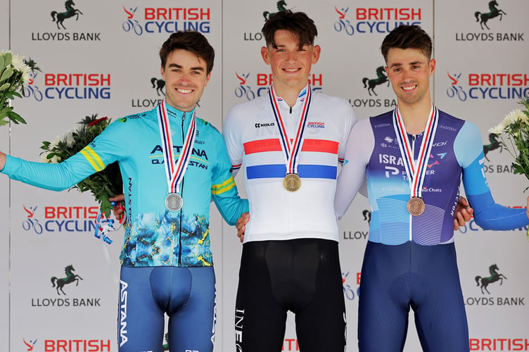 Picture Alex Whitehead/SWpix.com - 19/06/2024 - Road Cycling - British Cycling 2024 Lloyds Bank National Individual Time Trial Championships - Elite and U23 Men - Catterick, North Yorkshire - Podium, Elite Men - Joshua Tarling, Ineos Grenadiers, Max Walker, Astana Qazaqstan Development Team and Ethan Vernon, Israel - Premier Tech