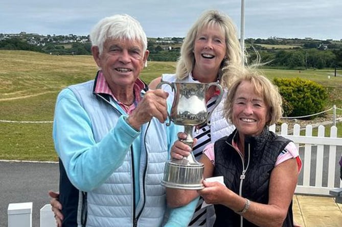 Lady captain Debbie Allmey with Jane Dobson Williams and Mike Torkington