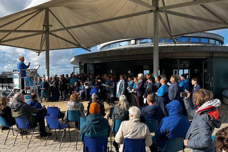 The choir at last October's Aberystwyth promenade concert for WATERAID, led by Susie Ennals (pictured left on the podium)