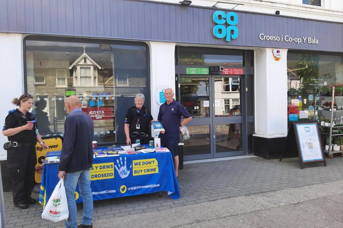 PCOSs Paula, Eurwen and Lorna have held pop-up events at Gwynedd shops in a bid to deter thieves. Photo: NWP Gwynedd South