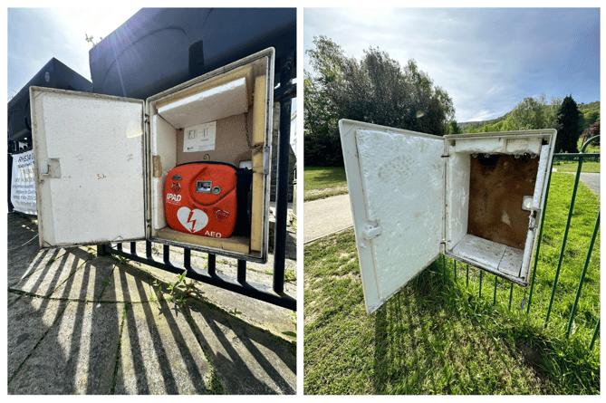 Two of Machynlleth's current 'inappropriate' white defibrillator cabinets, one with a mouldy defibrillator box