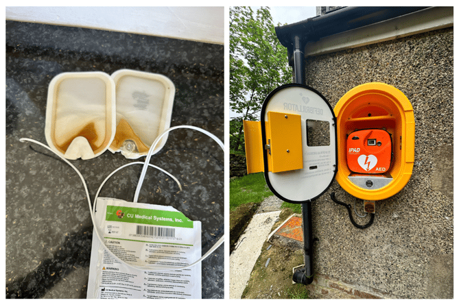(left) an example of expired defibrillator pads and corroded wiring after being left in an inappropriate cabinet, (right) an example of a bright yellow approved cabinet with mains wiring and built-in heating