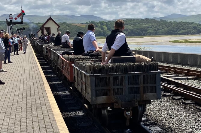 The rear end of the gravity-run slate train leaving harbour station, pulled by 'Blanche'. Photo: Donna and Geoff Radley