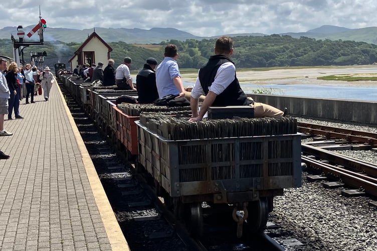 The rear end of the gravity-run slate train leaving harbour station, pulled by 'Blanche'. Photo: Donna and Geoff Radley