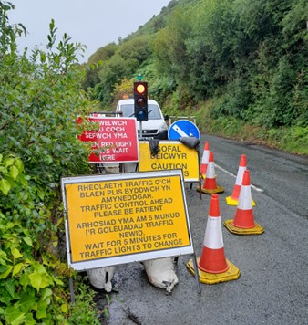 Gwynedd Council released this image of the temporary lights on the A493 Friog Hill–Llwyngwril road