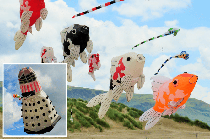 The winning kites were all made by Ernie himself. The Dalek braved Saturday’s stronger winds, while the elegant koi carp swam through Sunday’s gentle breezes. Photos: Barmouth Kite Festival Facebook page